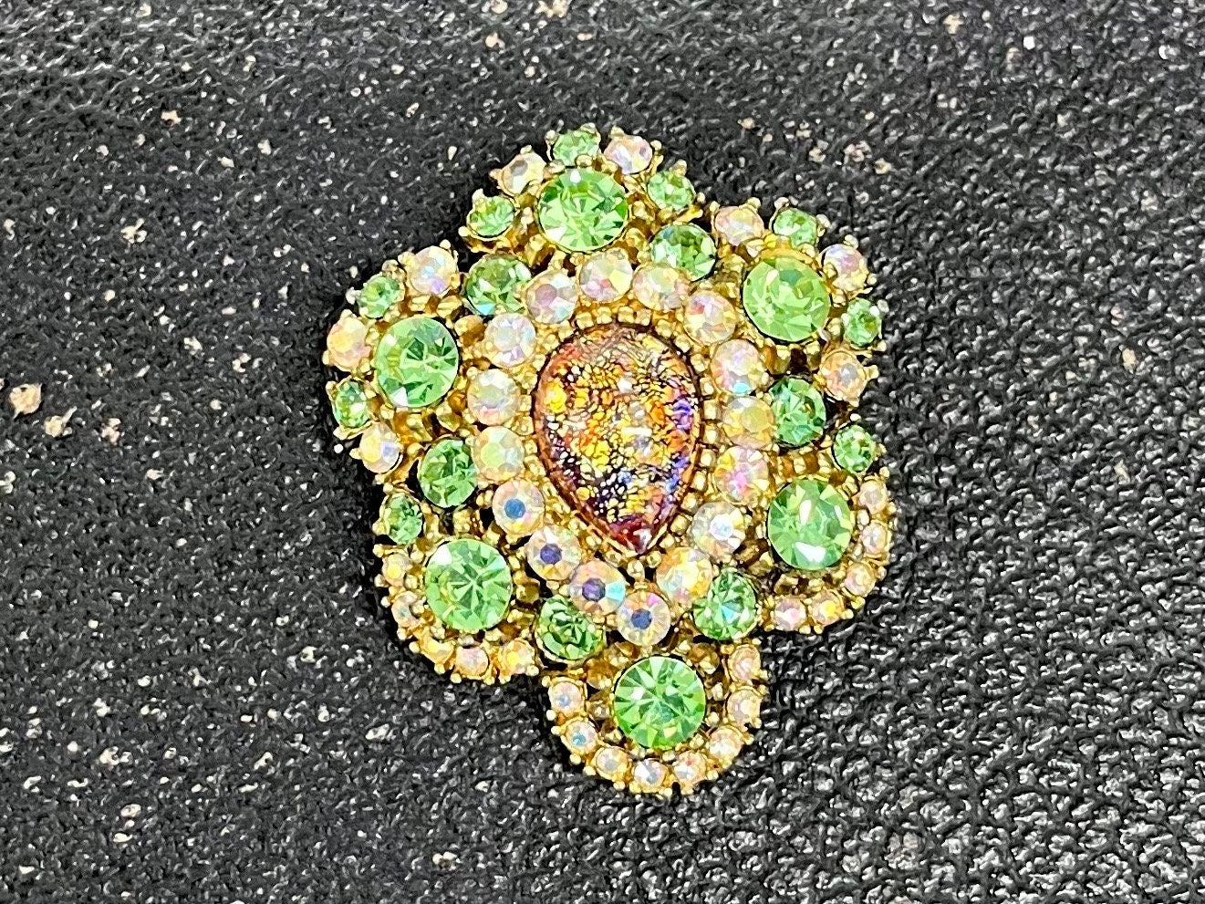 Statement Green Uranium Glass Crystal Brooch Gold Tone with a Dichroic Opal Centre UV Reactive Glow Vintage Victorian Style Jewellery TheGreenGlassGemShop