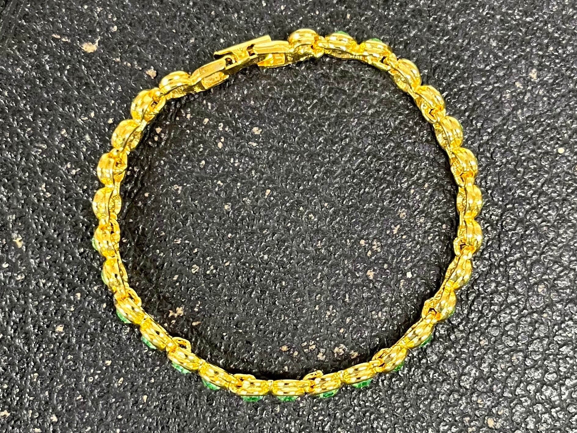 Vintage Green Uranium Glass Crystal Tennis Bracelet Gold Tone Metal UV Reactive Glow Jewellery TheGreenGlassGemShop