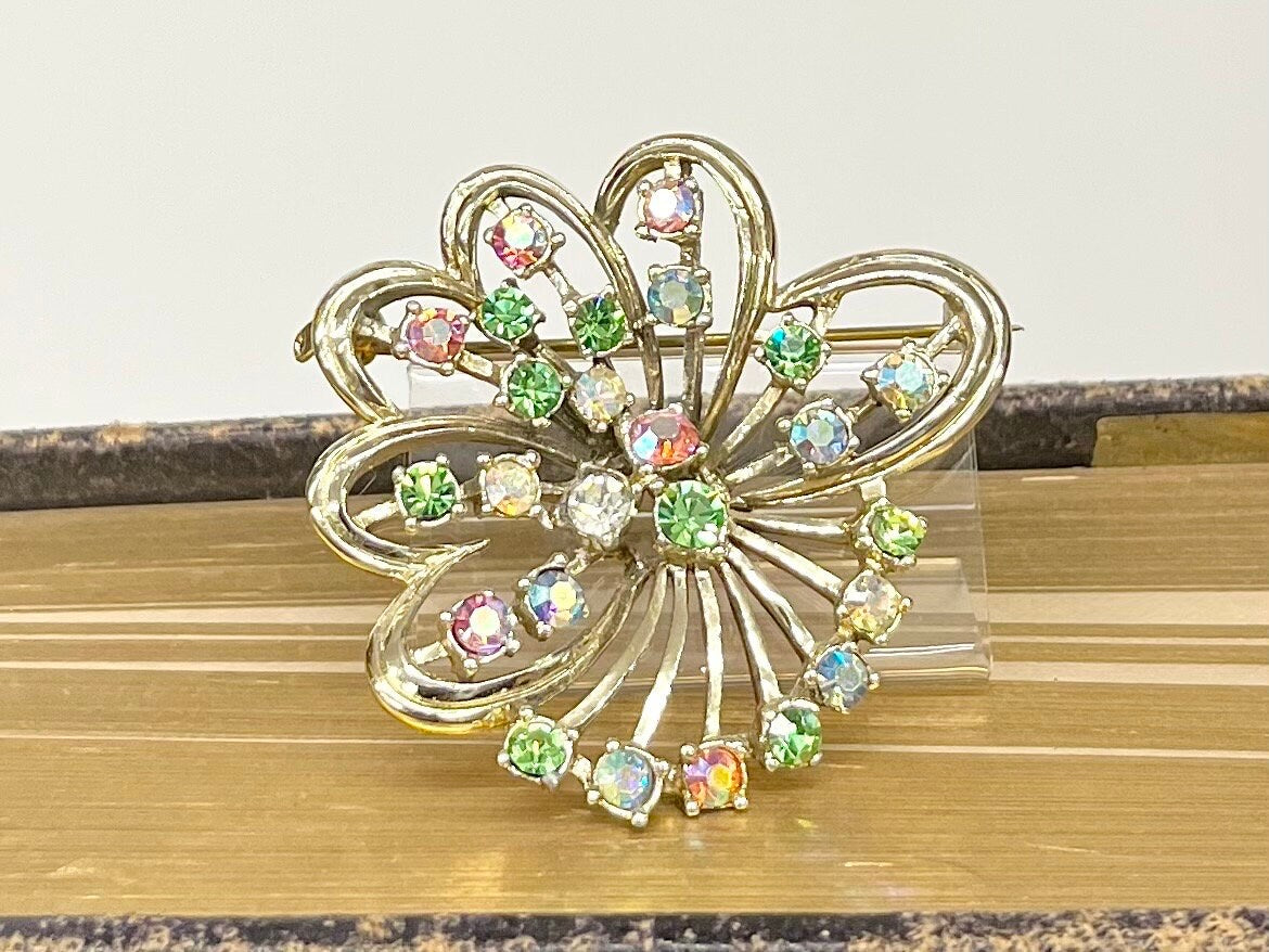 Multi Coloured & Green Uranium Glass Crystal Ribbon Bow Brooch Light Gold Tone with a UV Reactive Glow UV Jewellery Vintage TheGreenGlassGemShop