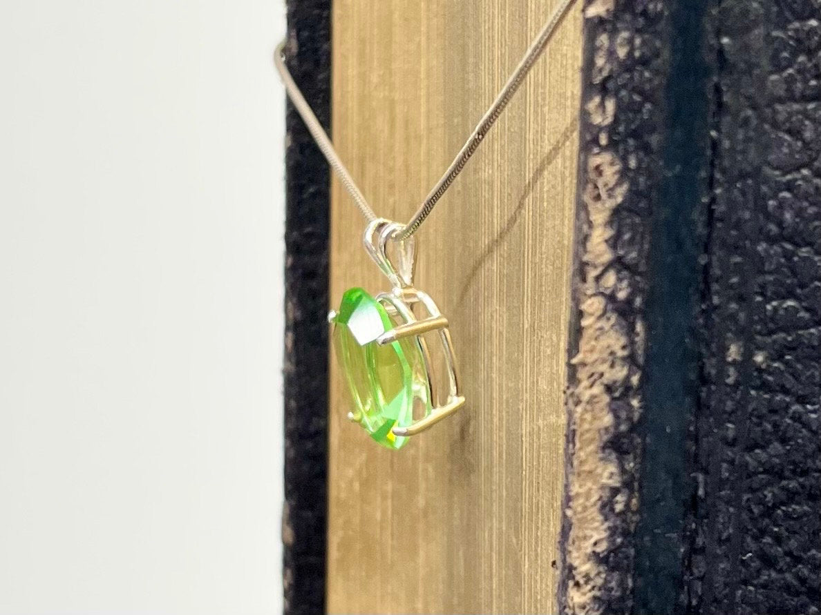 Sterling Silver Uranium Glass Oval Cut Crystal Pendant & 18” Chain with a UV Reactive Glow UV Jewellery Necklace TheGreenGlassGemShop