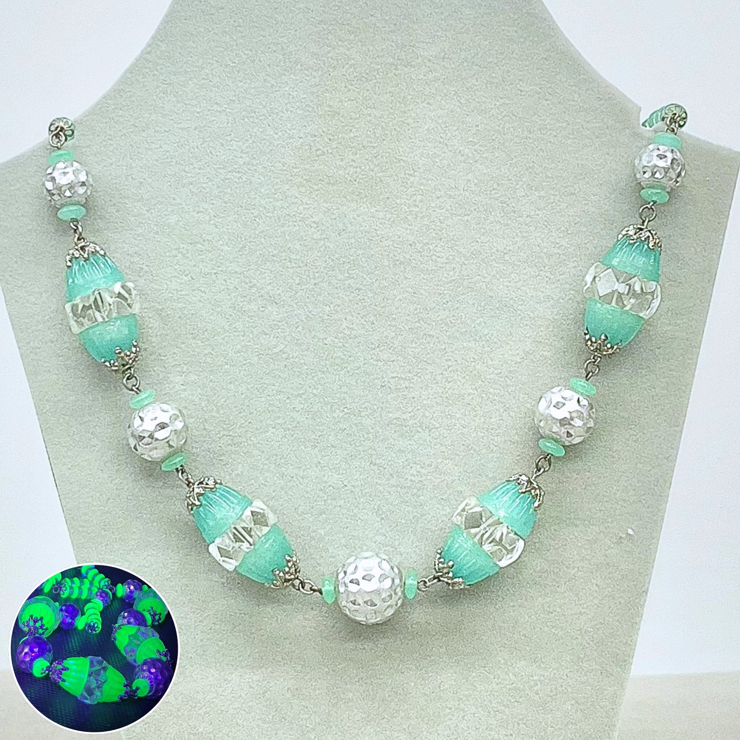 Art Deco Teal Green Uranium Glass Bead Necklace Bright Green UV Reactive Glow Jewellery 19” with Clear & Silver Glass Beads TheGreenGlassGemShop