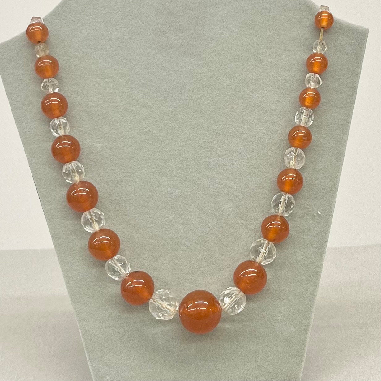 Long Vintage Carnelian Glass Uranium Graduated Bead Necklace Hand Strung Orange Clear Beads Bright Green / Yellow UV Reactive Glow TheGreenGlassGemShop