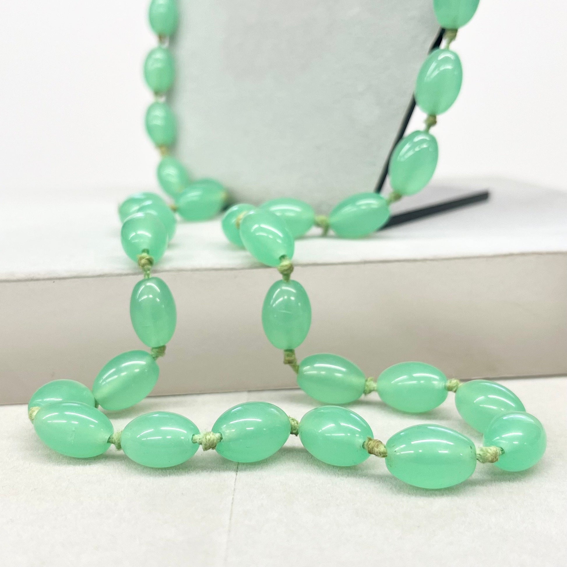 Long Vintage Teal Green Glass Uranium Bead Necklace Hand Strung Oval Beads Bright Green UV Reactive Glow 36” Long TheGreenGlassGemShop