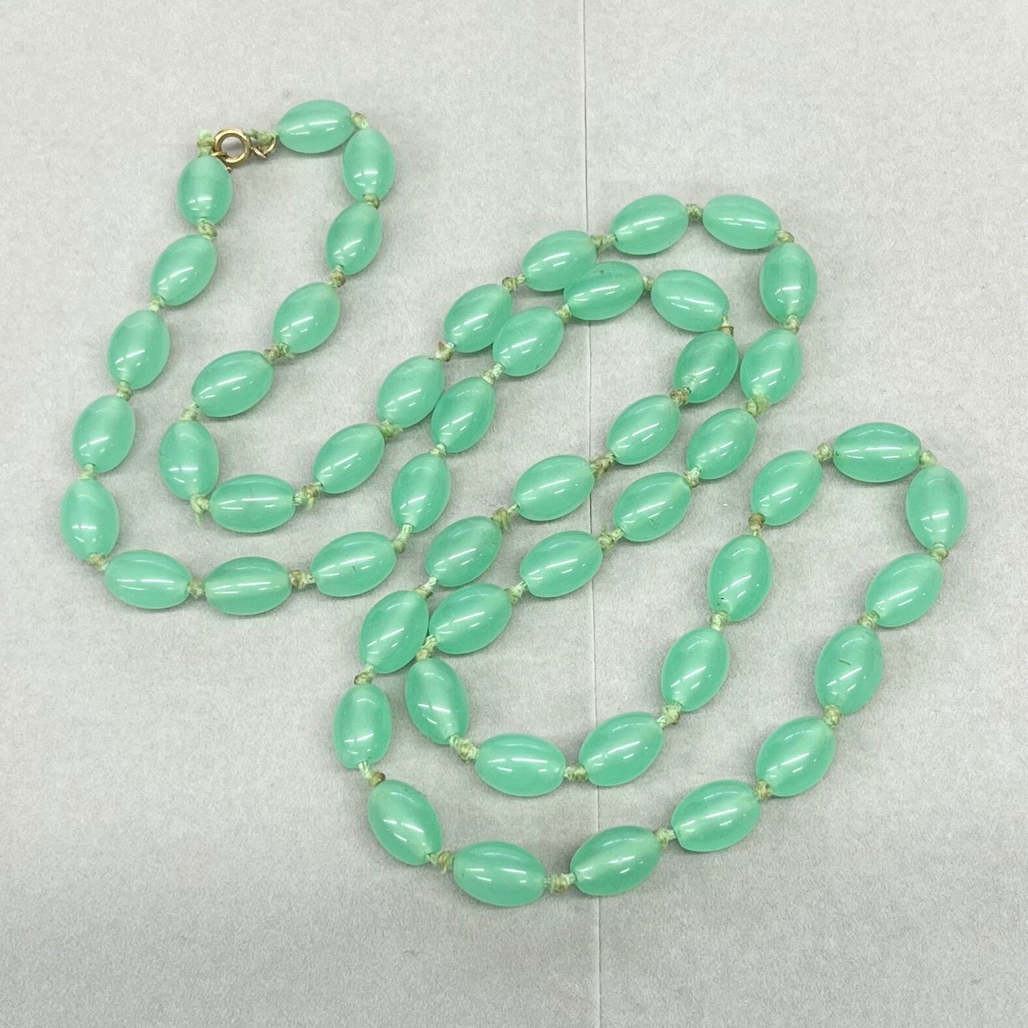 Long Vintage Teal Green Glass Uranium Bead Necklace Hand Strung Oval Beads Bright Green UV Reactive Glow 36” Long TheGreenGlassGemShop