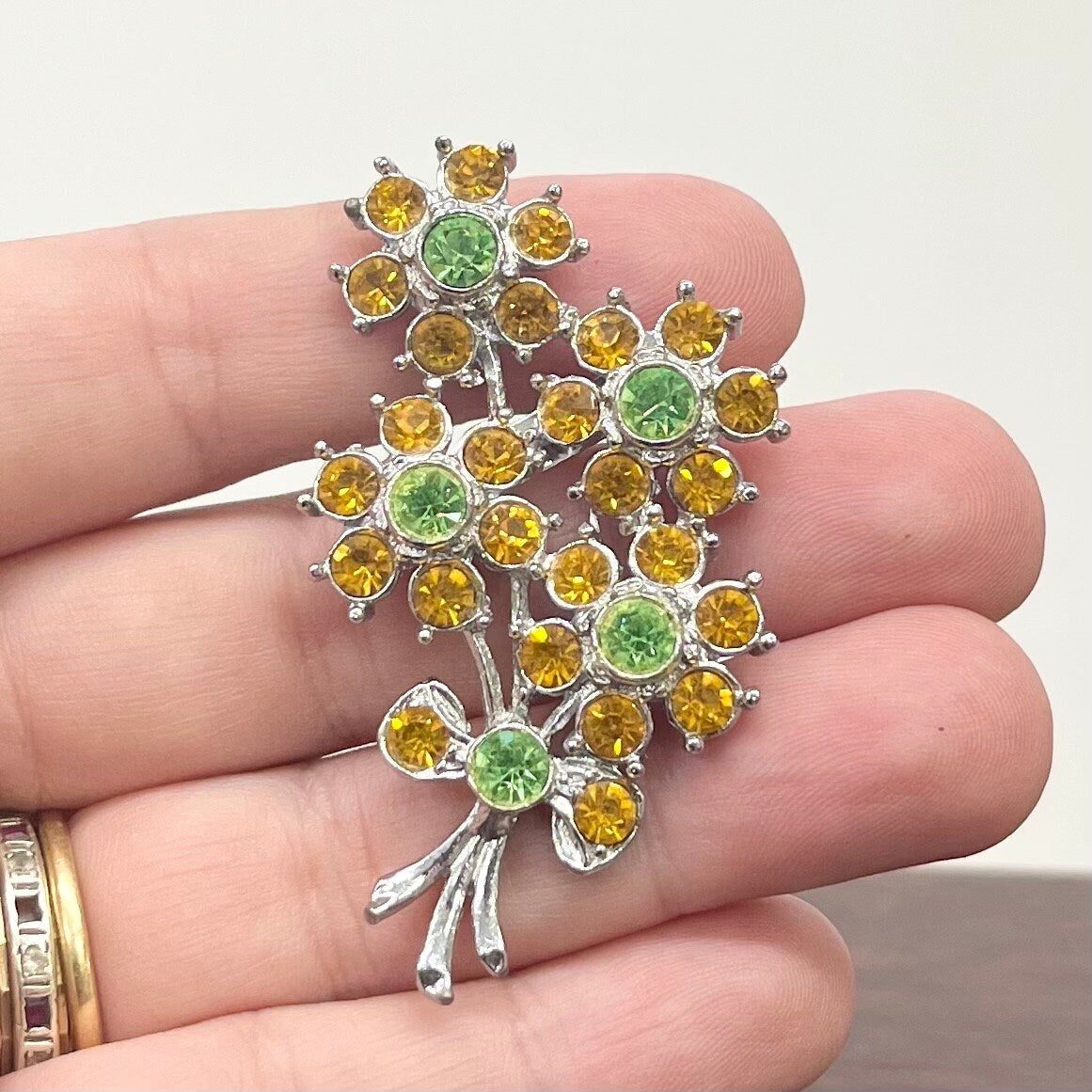 Green Uranium Glass Crystal & Amber Glass Floral Bouquet Brooch Silver Tone with a UV Reactive Glow UV Jewellery Vintage TheGreenGlassGemShop