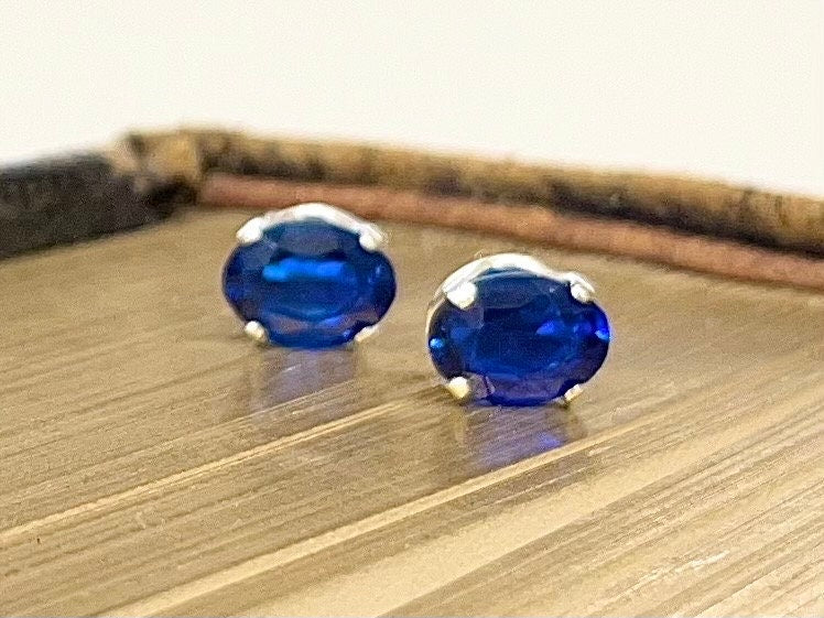 Sterling Silver Cobalt Blue Synthetic Spinel Oval Cut Stud Earrings with a UV Reactive Pink Glow Jewellery TheGreenGlassGemShop