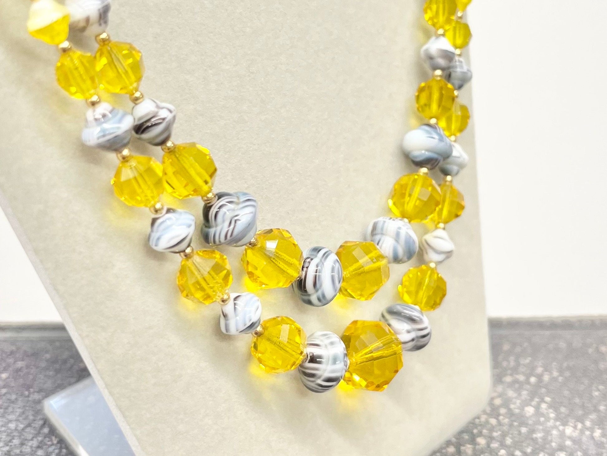 Vintage Two Strand Yellow & Grey Czech Glass Bead Necklace with Cadmium Beads UV Reactive Glow Jewellery TheGreenGlassGemShop