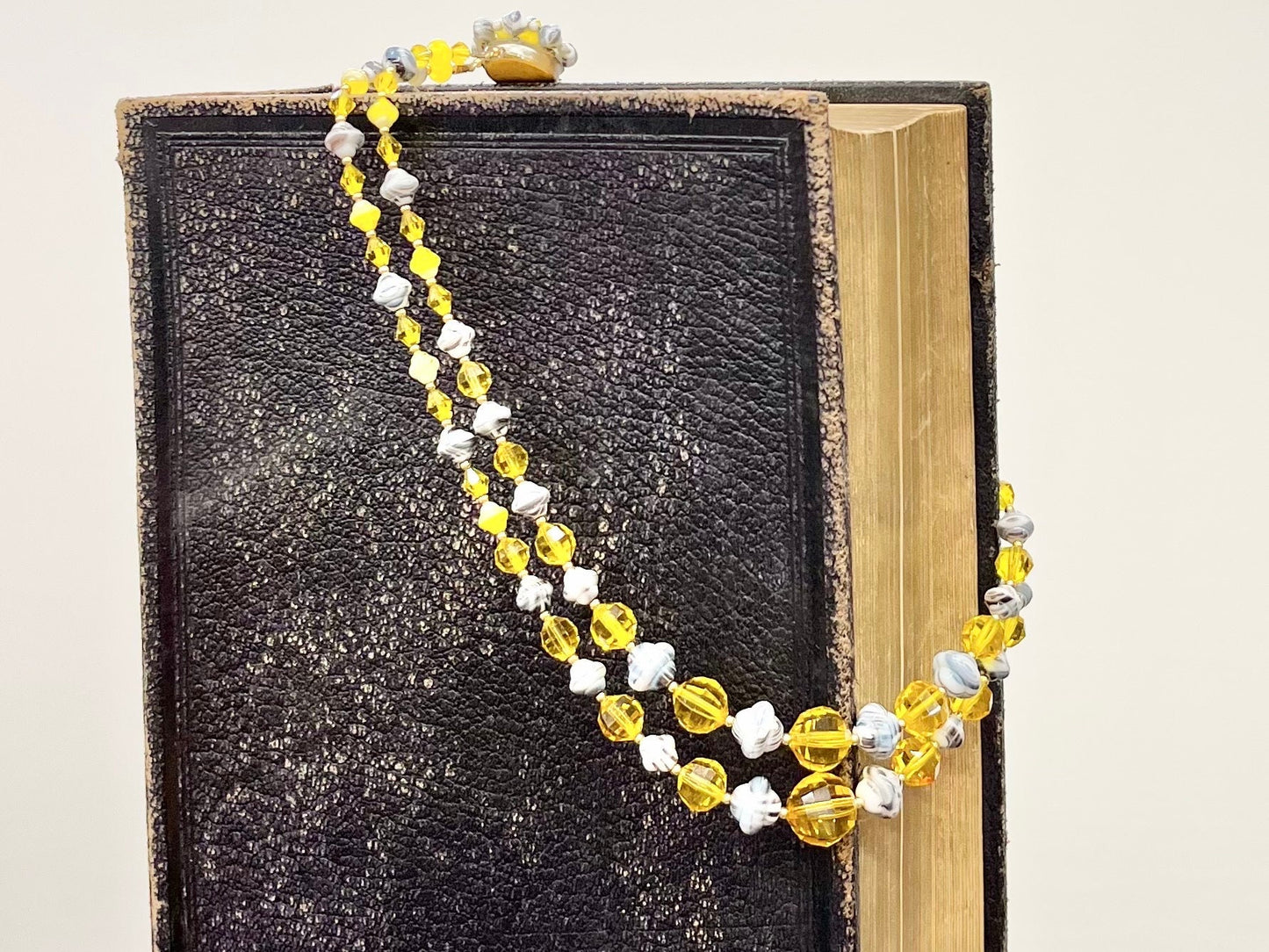 Vintage Two Strand Yellow & Grey Czech Glass Bead Necklace with Cadmium Beads UV Reactive Glow Jewellery TheGreenGlassGemShop