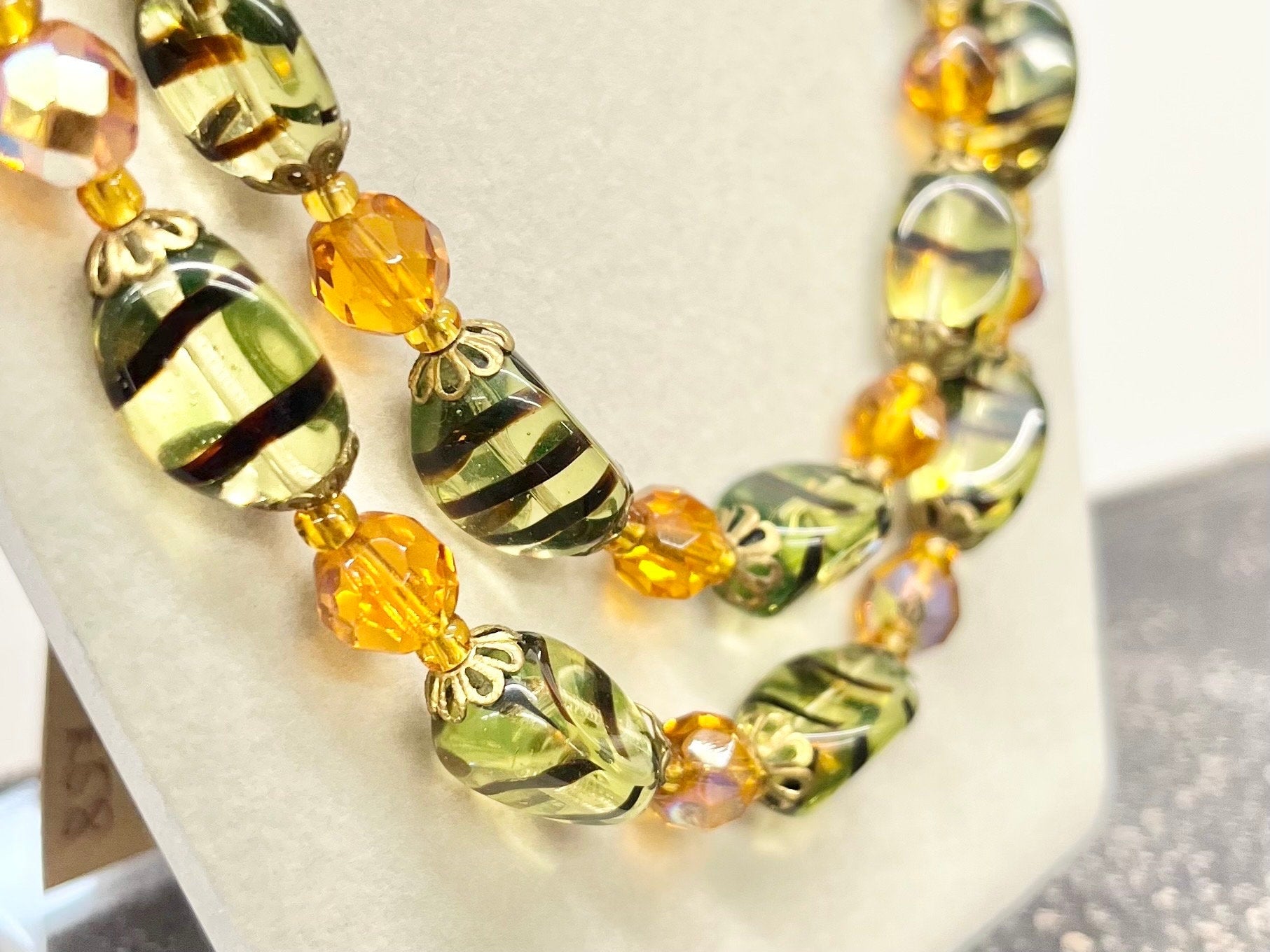 Vintage Two Strand Uranium Czech Glass Tiger Stripe and Topaz Glass Bead Necklace Bright Green UV Reactive Glow Jewellery TheGreenGlassGemShop