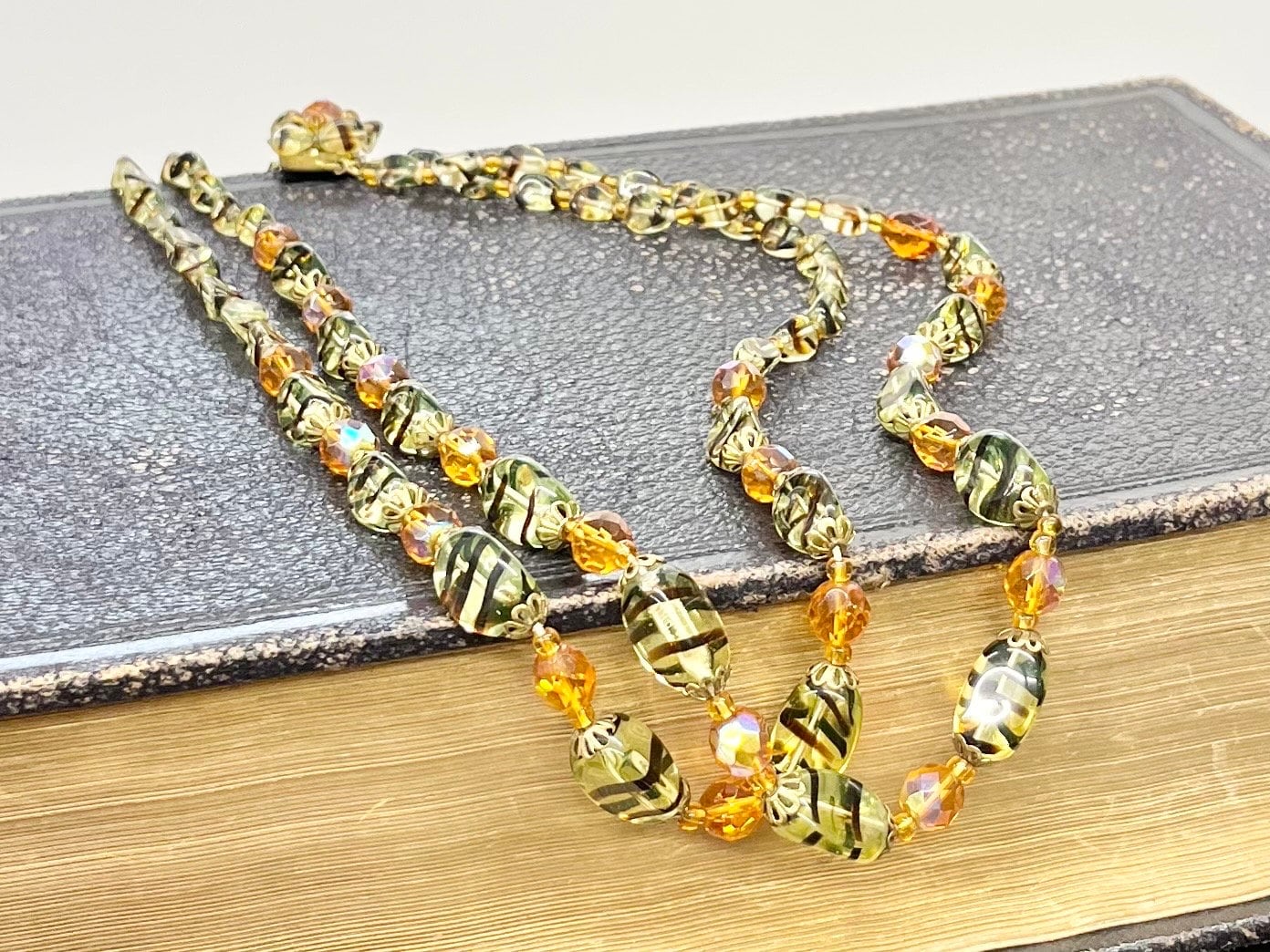 Vintage Two Strand Uranium Czech Glass Tiger Stripe and Topaz Glass Bead Necklace Bright Green UV Reactive Glow Jewellery TheGreenGlassGemShop