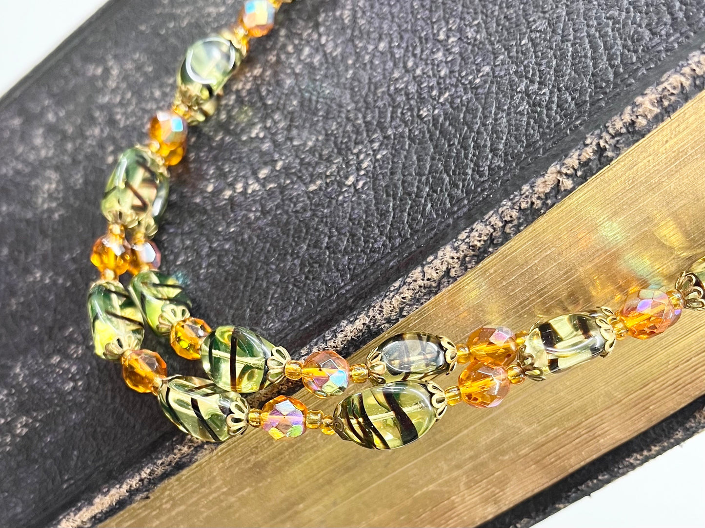 Vintage Two Strand Uranium Czech Glass Tiger Stripe and Topaz Glass Bead Necklace Bright Green UV Reactive Glow Jewellery TheGreenGlassGemShop