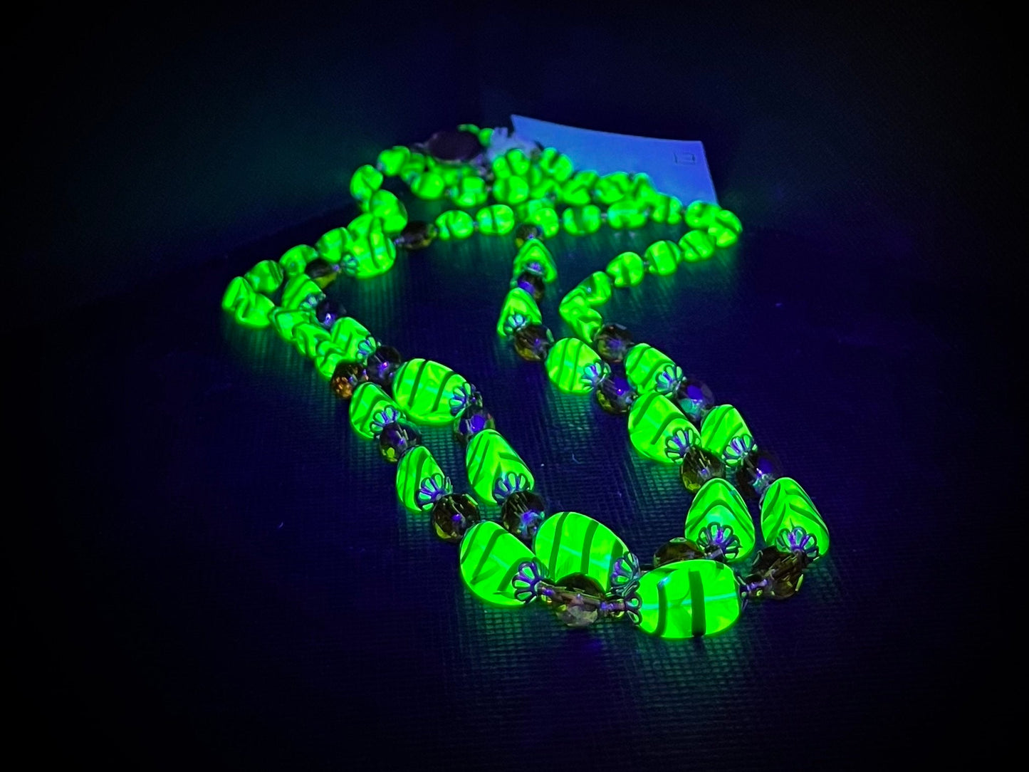 Vintage Two Strand Uranium Czech Glass Tiger Stripe and Topaz Glass Bead Necklace Bright Green UV Reactive Glow Jewellery TheGreenGlassGemShop