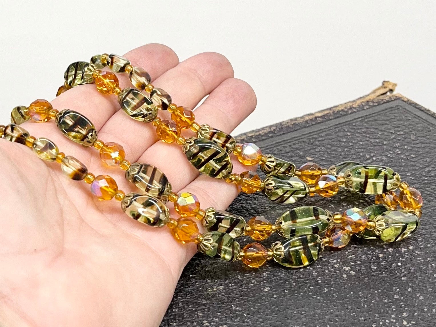 Vintage Two Strand Uranium Czech Glass Tiger Stripe and Topaz Glass Bead Necklace Bright Green UV Reactive Glow Jewellery TheGreenGlassGemShop