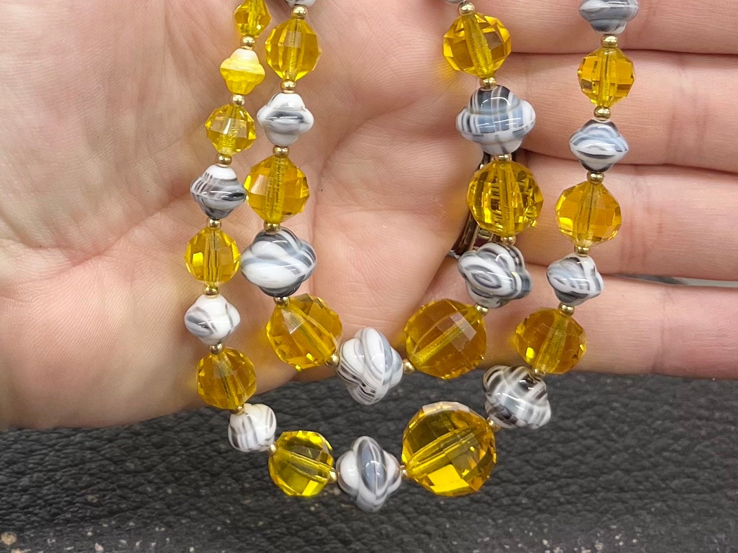 Vintage Two Strand Yellow & Grey Czech Glass Bead Necklace with Cadmium Beads UV Reactive Glow Jewellery TheGreenGlassGemShop