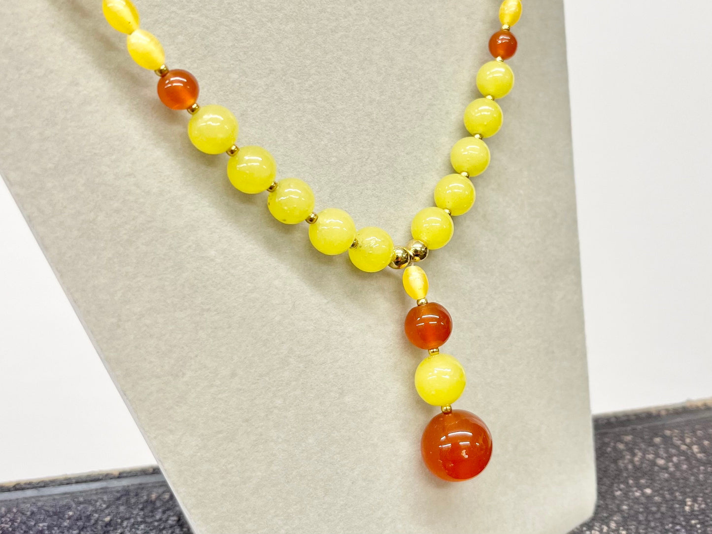 Vintage Yellow & Orange Uranium Glass Drop Bead Necklace Bright Green and Orange UV Reactive Glow Jewellery TheGreenGlassGemShop