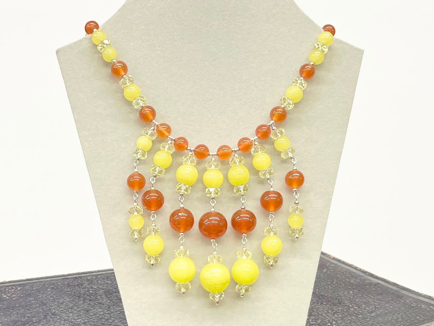 Statement Yellow & Orange Uranium Glass Multi Drop Bead Necklace Bright Green Under UV Light UV Reactive Glow Jewellery TheGreenGlassGemShop