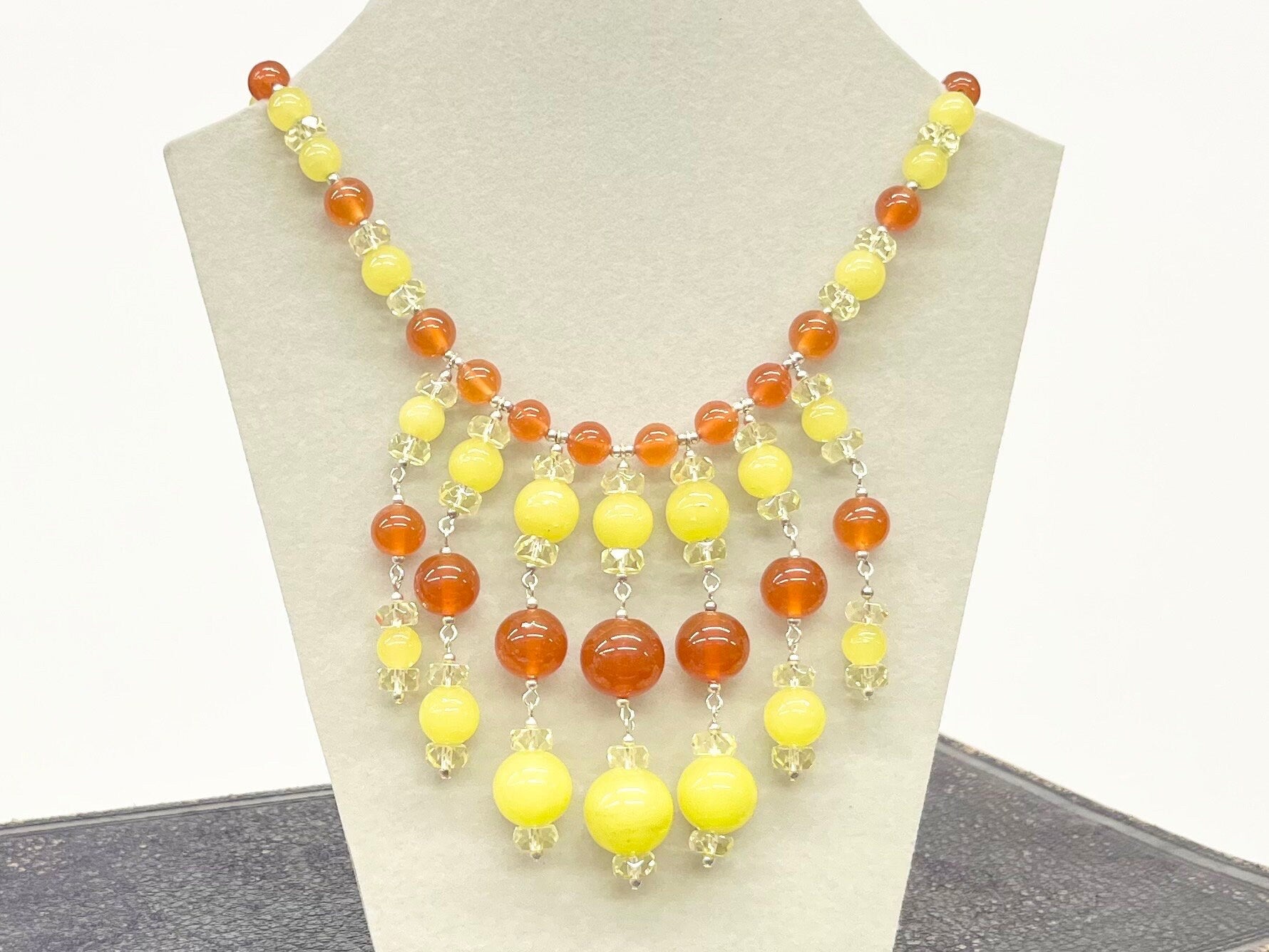 Statement Yellow & Orange Uranium Glass Multi Drop Bead Necklace Bright Green Under UV Light UV Reactive Glow Jewellery TheGreenGlassGemShop