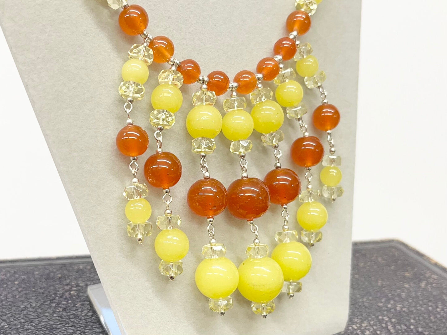 Statement Yellow & Orange Uranium Glass Multi Drop Bead Necklace Bright Green Under UV Light UV Reactive Glow Jewellery TheGreenGlassGemShop