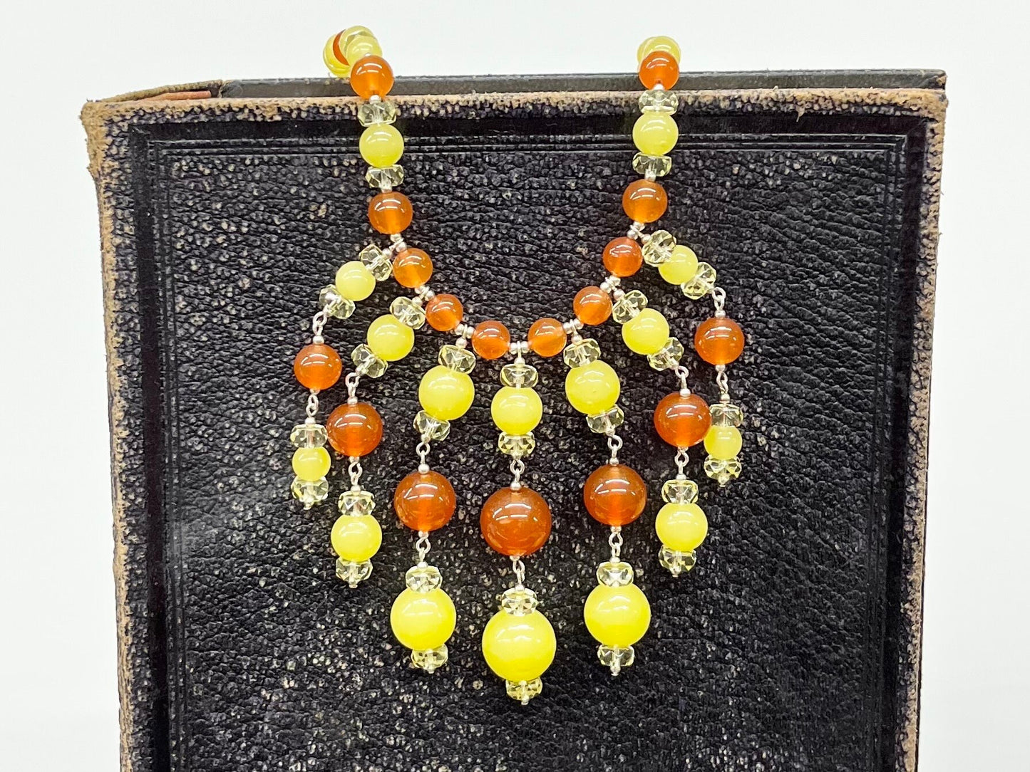 Statement Yellow & Orange Uranium Glass Multi Drop Bead Necklace Bright Green Under UV Light UV Reactive Glow Jewellery TheGreenGlassGemShop