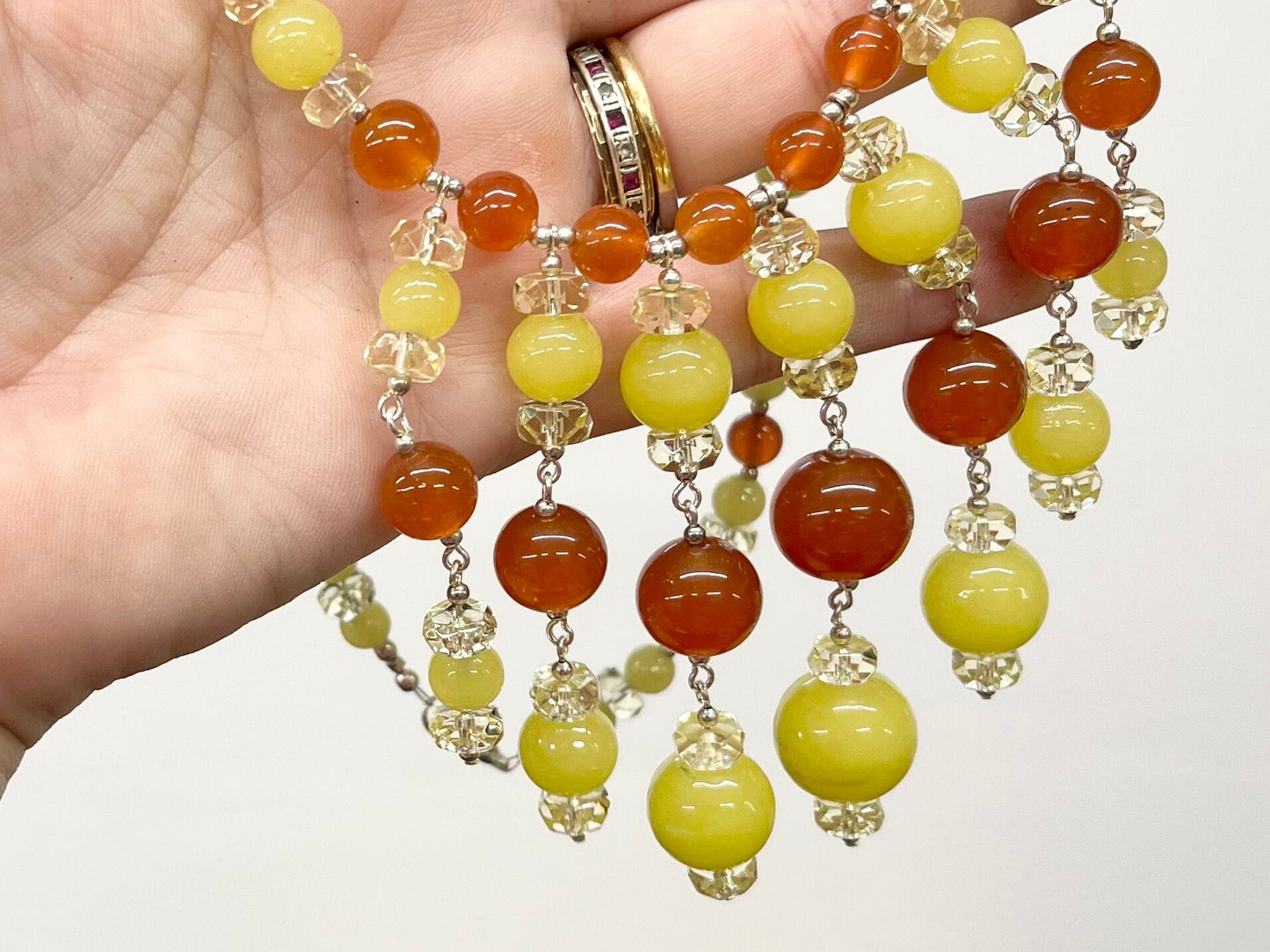 Statement Yellow & Orange Uranium Glass Multi Drop Bead Necklace Bright Green Under UV Light UV Reactive Glow Jewellery TheGreenGlassGemShop