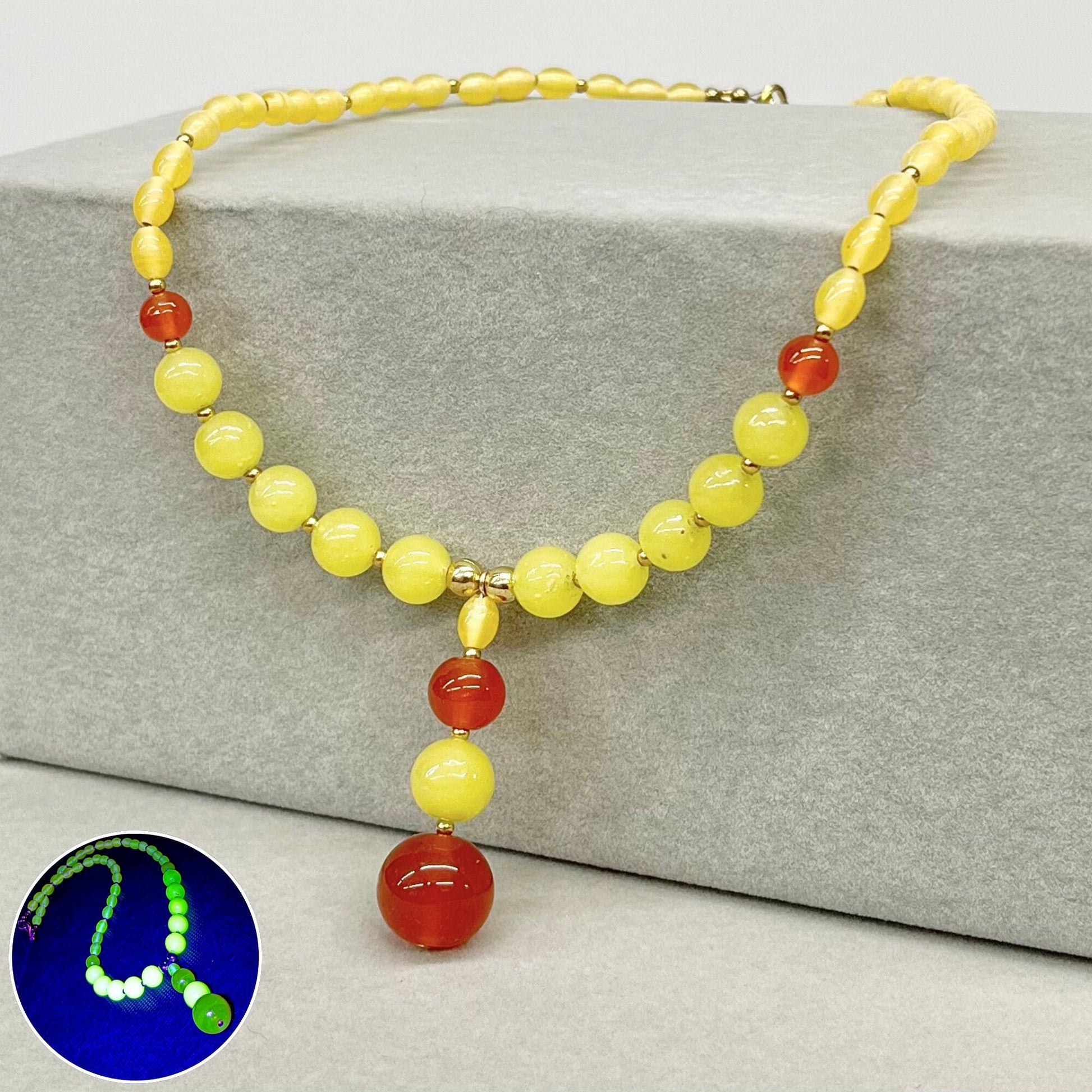 Vintage Yellow & Orange Uranium Glass Drop Bead Necklace Bright Green and Orange UV Reactive Glow Jewellery TheGreenGlassGemShop