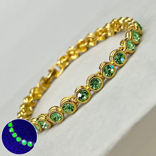 Vintage Green Uranium Glass Crystal Tennis Bracelet Gold Tone Metal UV Reactive Glow Jewellery TheGreenGlassGemShop