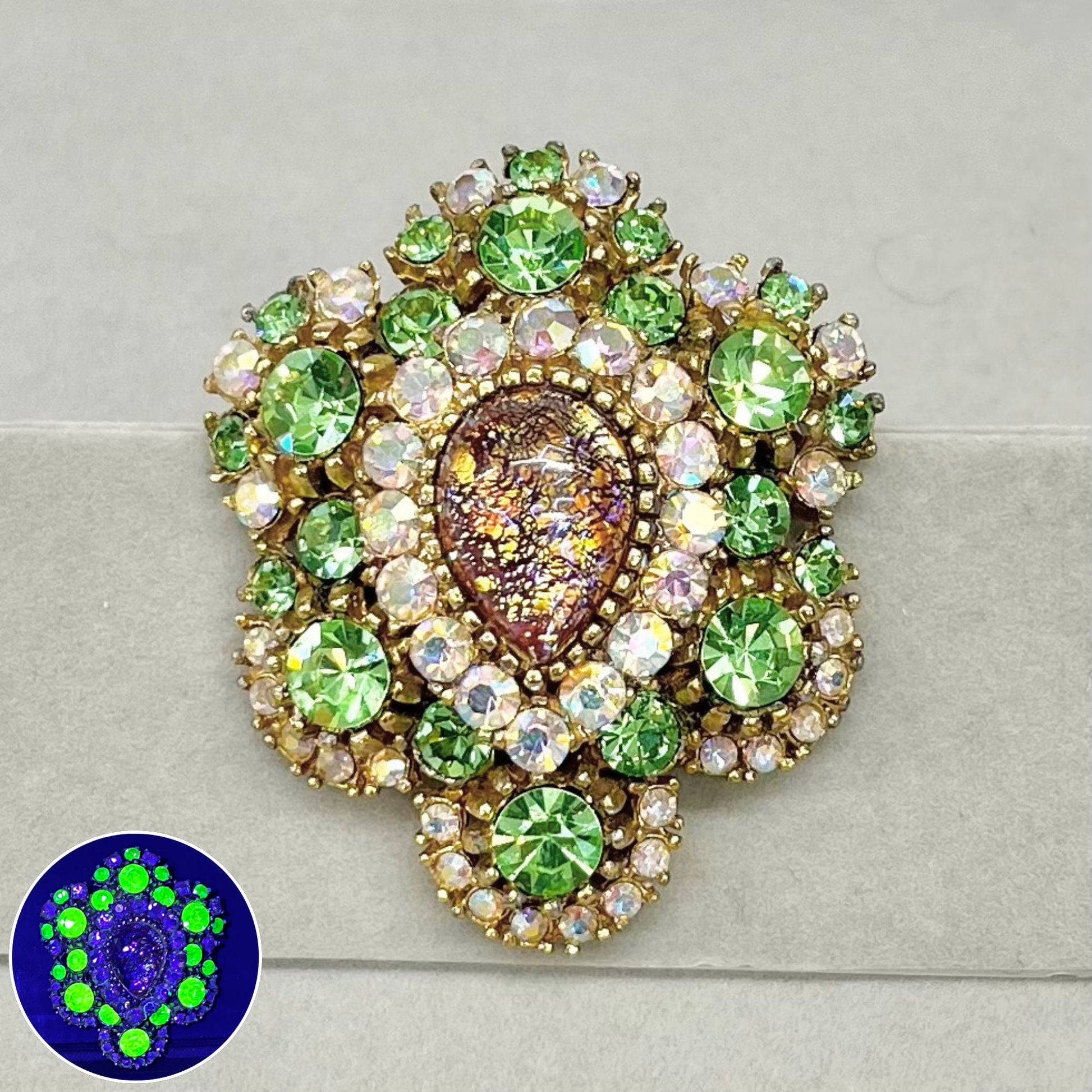 Statement Green Uranium Glass Crystal Brooch Gold Tone with a Dichroic Opal Centre UV Reactive Glow Vintage Victorian Style Jewellery TheGreenGlassGemShop