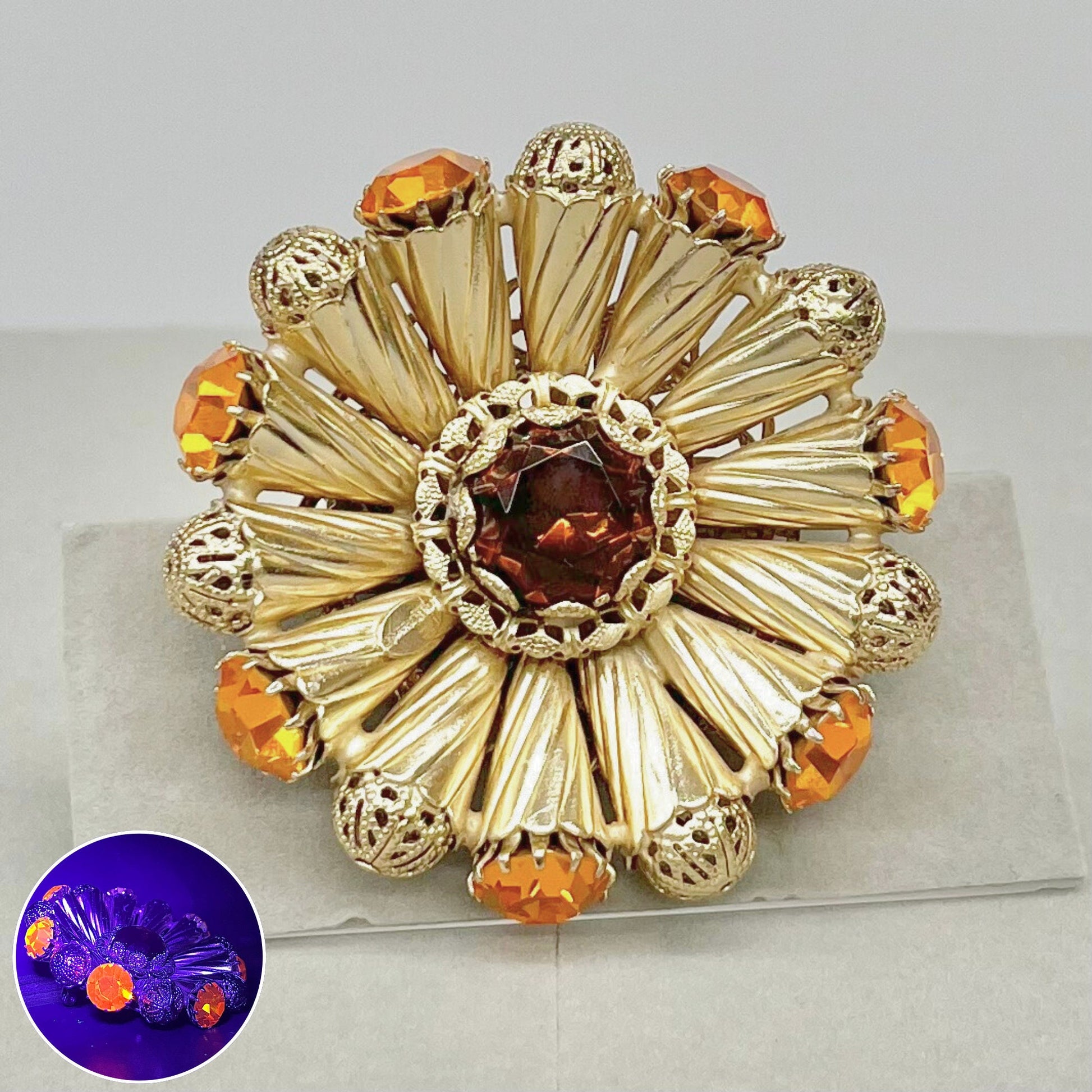 Huge Vintage Statement Orange Cadmium Glass Crystal Brooch Gold Tone with a UV Reactive Glow UV Vintage Jewellery TheGreenGlassGemShop