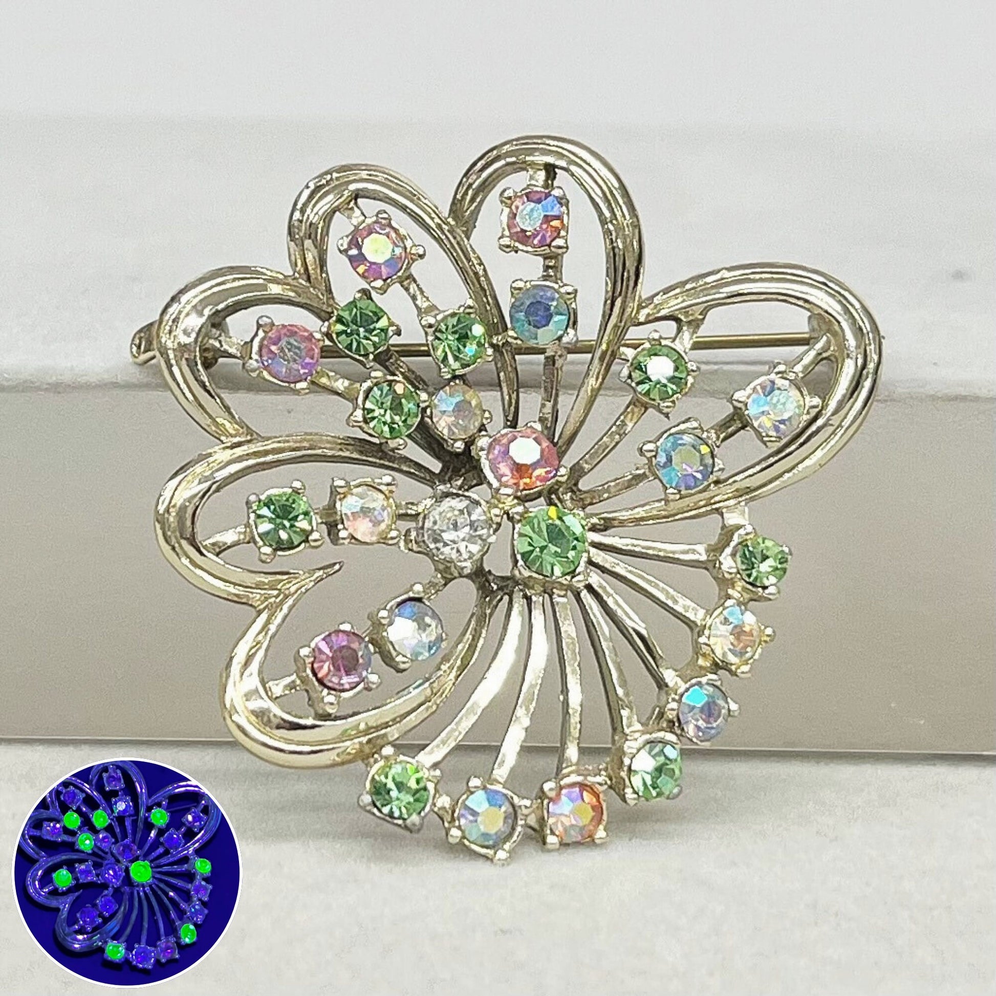 Multi Coloured & Green Uranium Glass Crystal Ribbon Bow Brooch Light Gold Tone with a UV Reactive Glow UV Jewellery Vintage TheGreenGlassGemShop