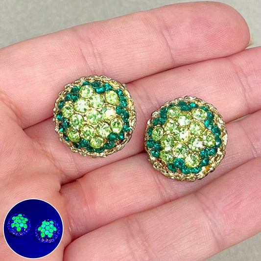 Vintage Green Uranium Glass Crystal Cluster Clip On Earrings UV Reactive Glow TheGreenGlassGemShop