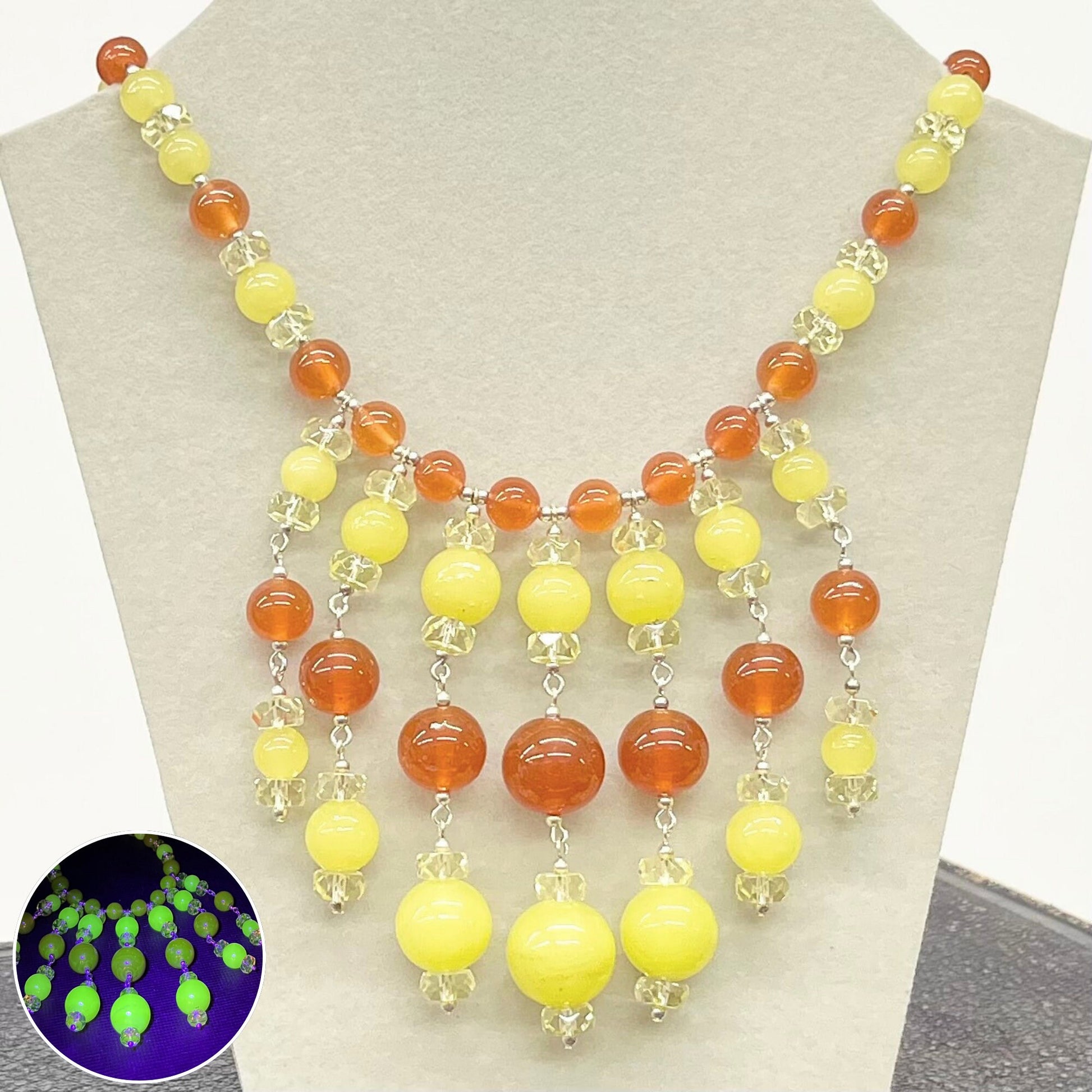 Statement Yellow & Orange Uranium Glass Multi Drop Bead Necklace Bright Green Under UV Light UV Reactive Glow Jewellery TheGreenGlassGemShop