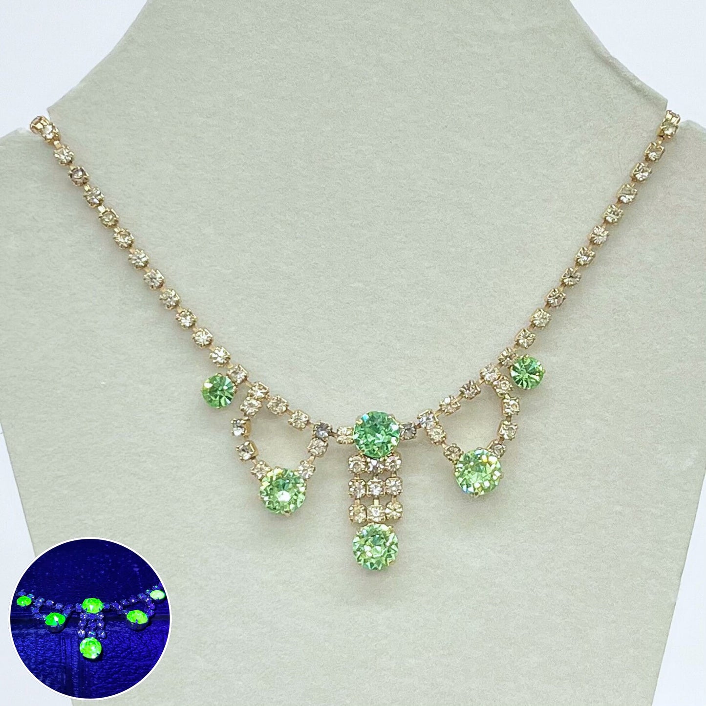 Vintage Green Uranium Glass Crystal Drop Necklace Light Gold Tone Metal UV Reactive Glow Piece TheGreenGlassGemShop