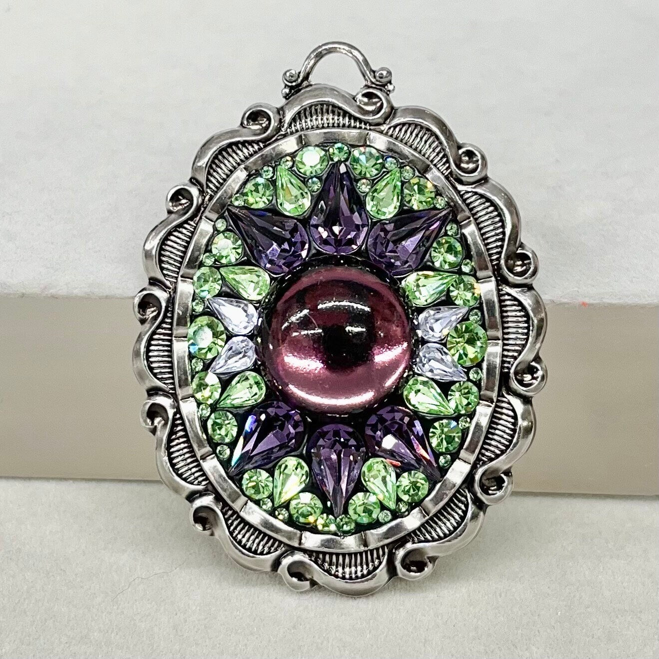 Statement Large Green Uranium & Amethyst Pendant with Vintage Uranium Swarovski Crystal Elements in a Silver Tone Setting UV Reactive Glow TheGreenGlassGemShop