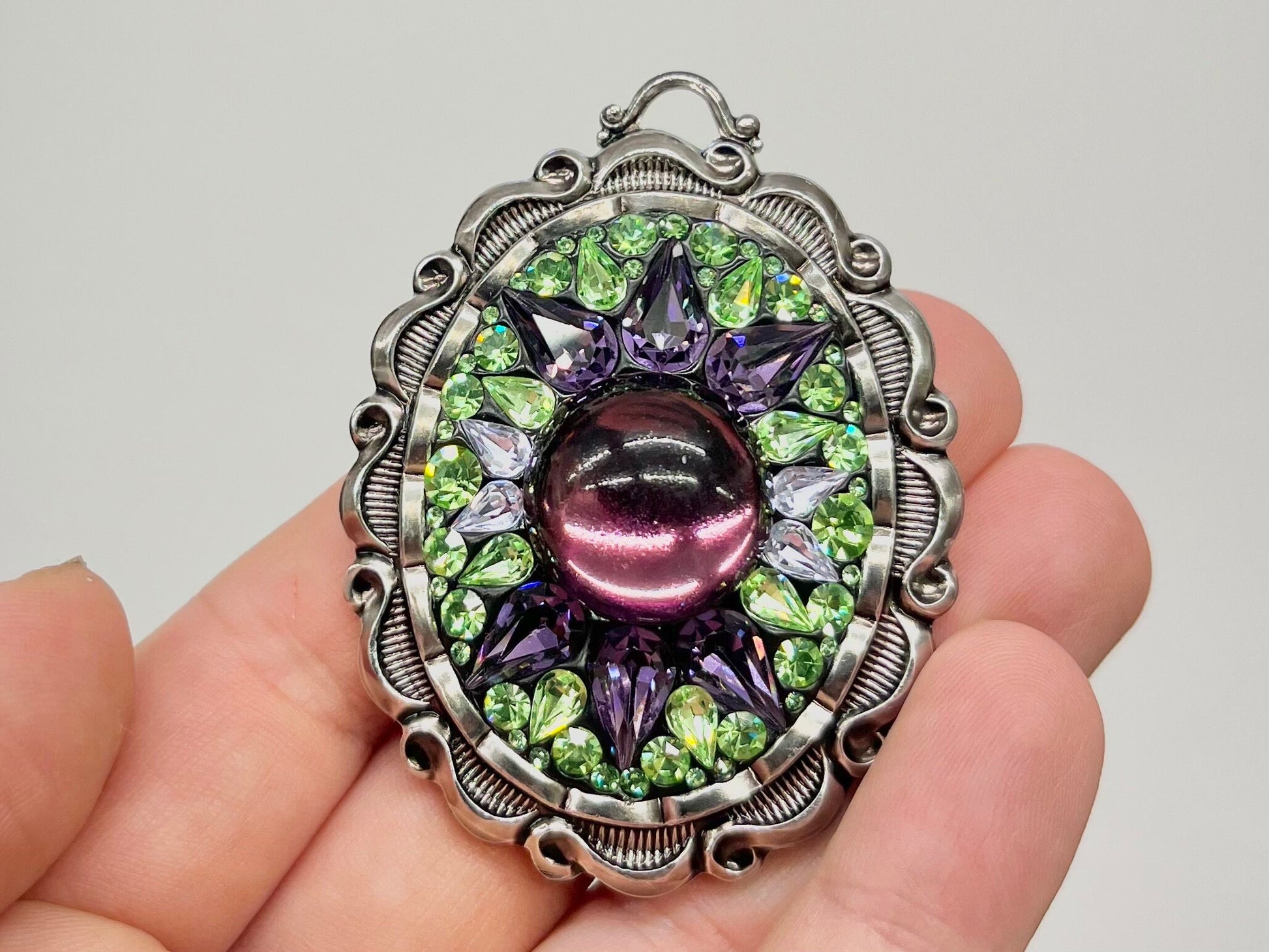 Statement Large Green Uranium & Amethyst Pendant with Vintage Uranium Swarovski Crystal Elements in a Silver Tone Setting UV Reactive Glow TheGreenGlassGemShop