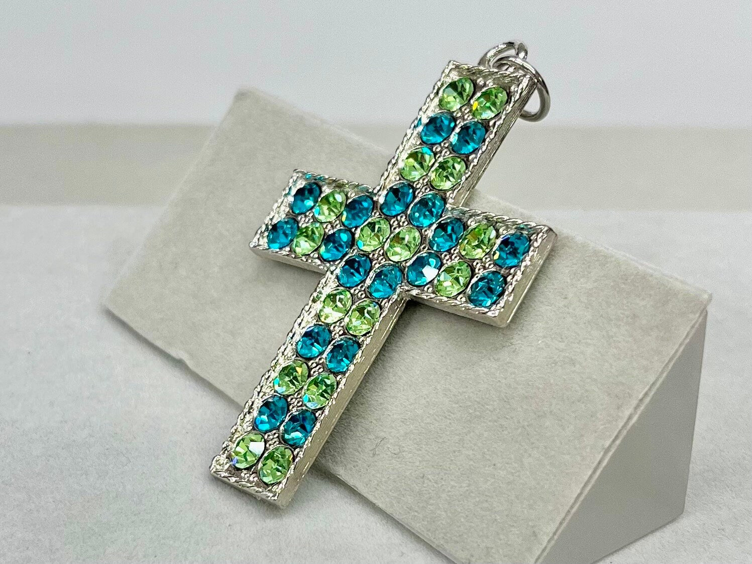 Statement Large Green & Turquoise Crystal Cross / Crucifix Pendant with Vintage Uranium Swarovski Crystal Elements UV Reactive Glow Gothic TheGreenGlassGemShop