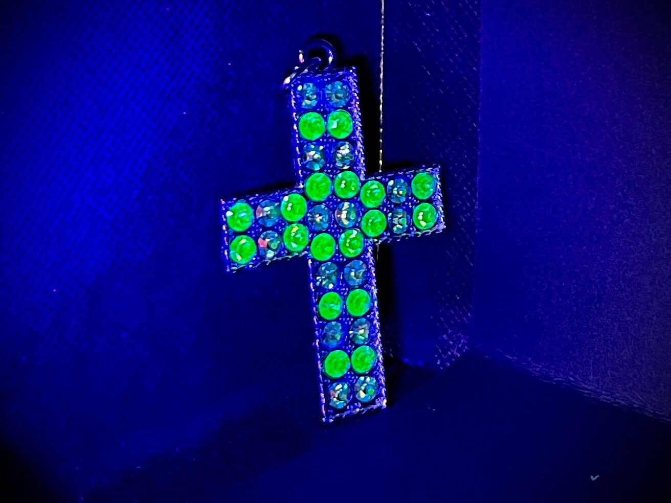 Statement Large Green & Turquoise Crystal Cross / Crucifix Pendant with Vintage Uranium Swarovski Crystal Elements UV Reactive Glow Gothic TheGreenGlassGemShop