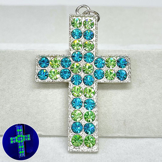 Statement Large Green & Turquoise Crystal Cross / Crucifix Pendant with Vintage Uranium Swarovski Crystal Elements UV Reactive Glow Gothic TheGreenGlassGemShop