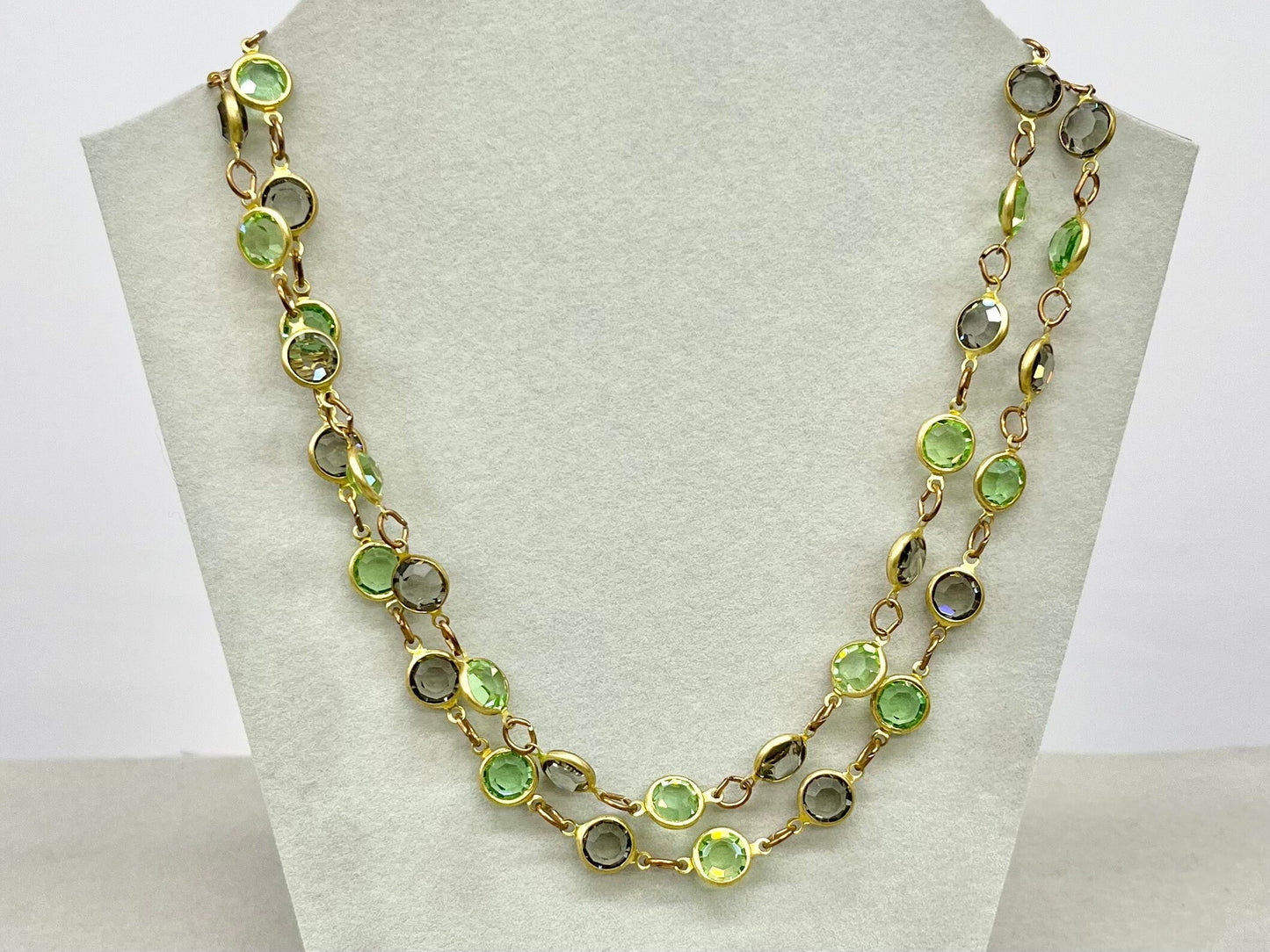 Long Smokey Grey & Green Uranium Rivoli Crystal Necklace Gold Plated UV Reactive Glowing Jewellery Made From Vintage Components TheGreenGlassGemShop