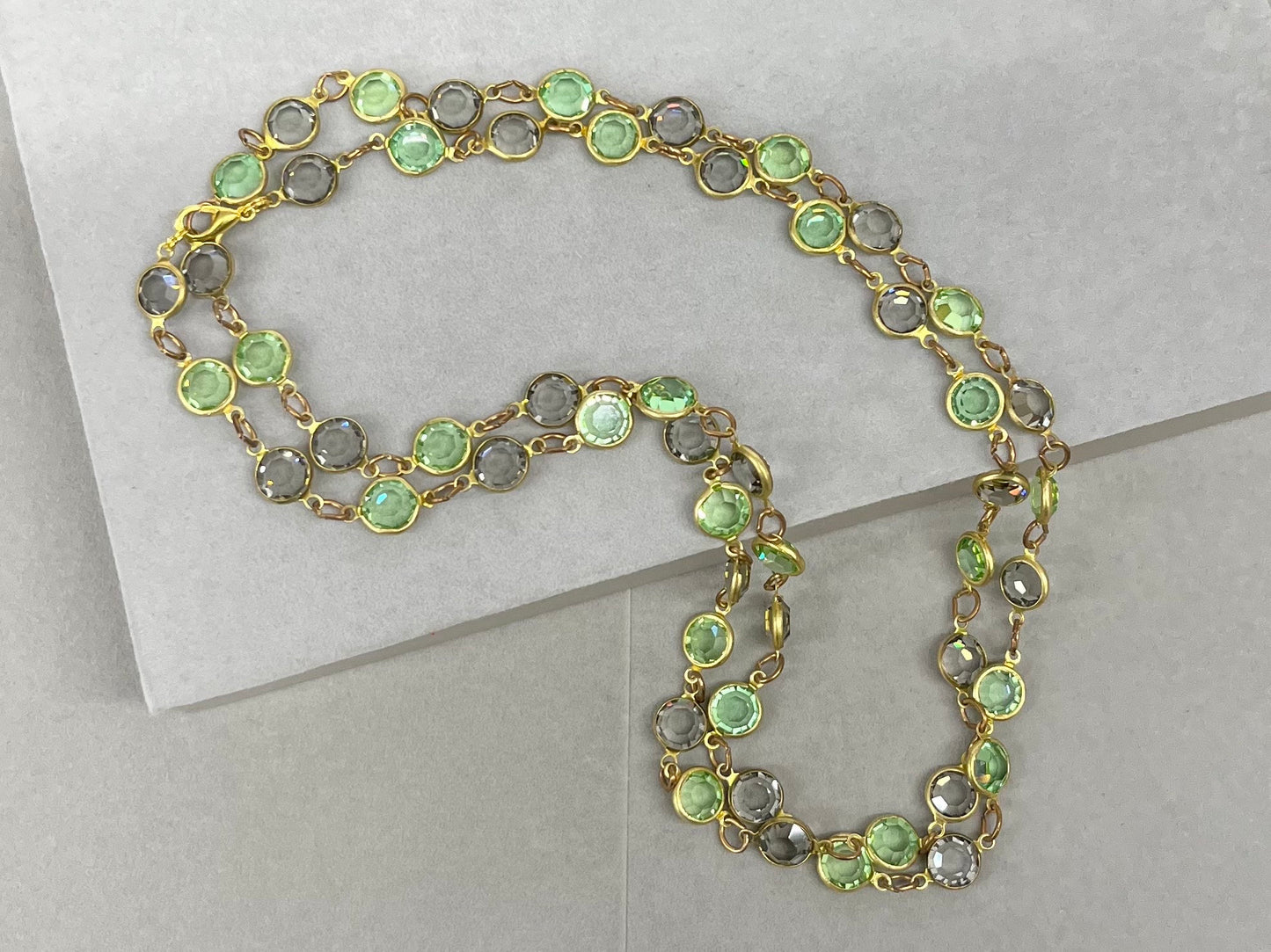 Long Smokey Grey & Green Uranium Rivoli Crystal Necklace Gold Plated UV Reactive Glowing Jewellery Made From Vintage Components TheGreenGlassGemShop