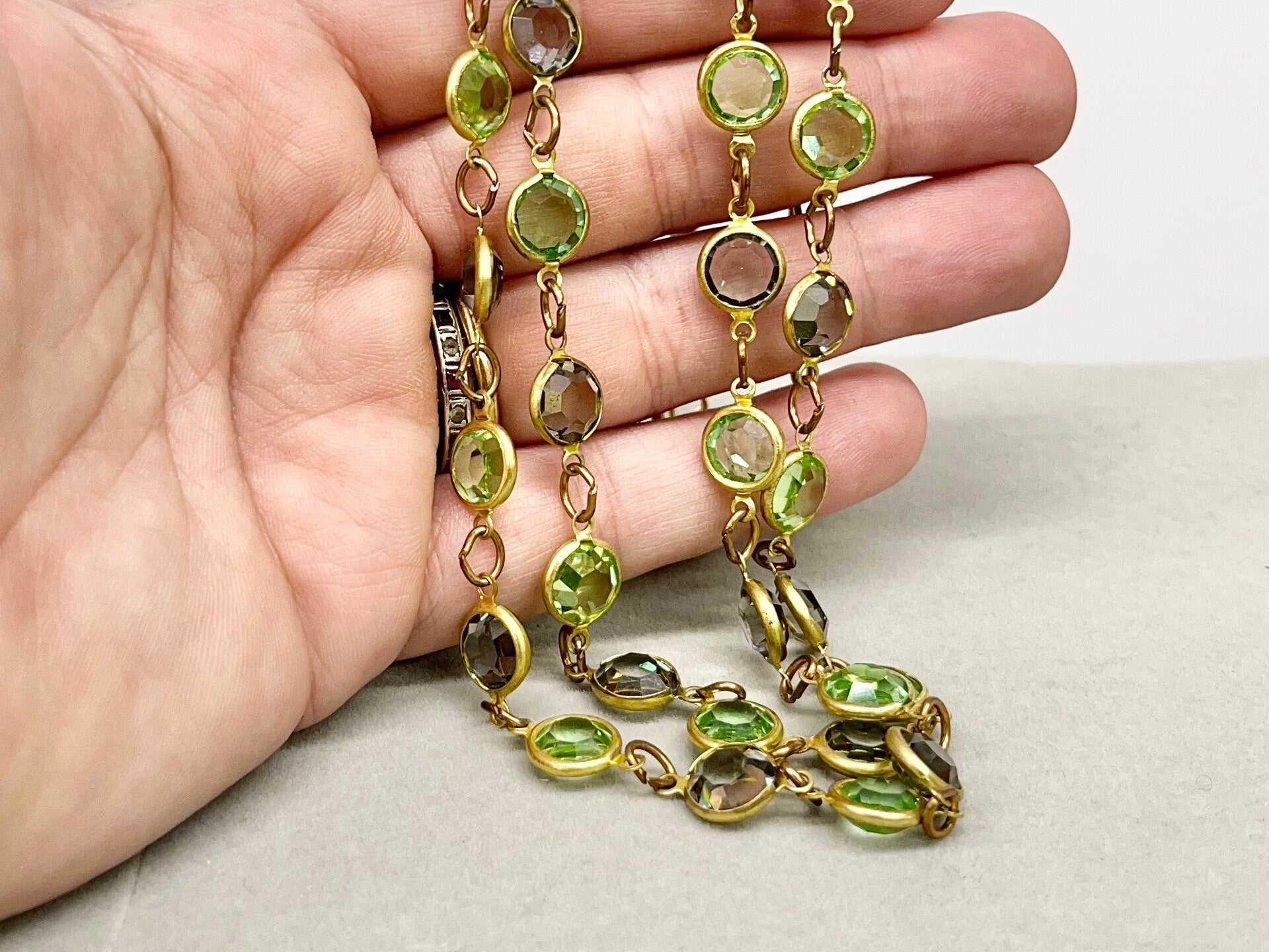 Long Smokey Grey & Green Uranium Rivoli Crystal Necklace Gold Plated UV Reactive Glowing Jewellery Made From Vintage Components TheGreenGlassGemShop