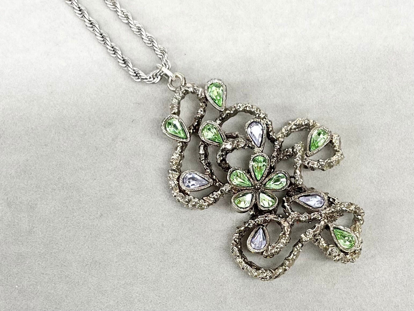 Large Green & Lilac Crystal Floral Vine Pendant on 18” Chain with Vintage Uranium Swarovski Crystal Elements UV Reactive Glow TheGreenGlassGemShop