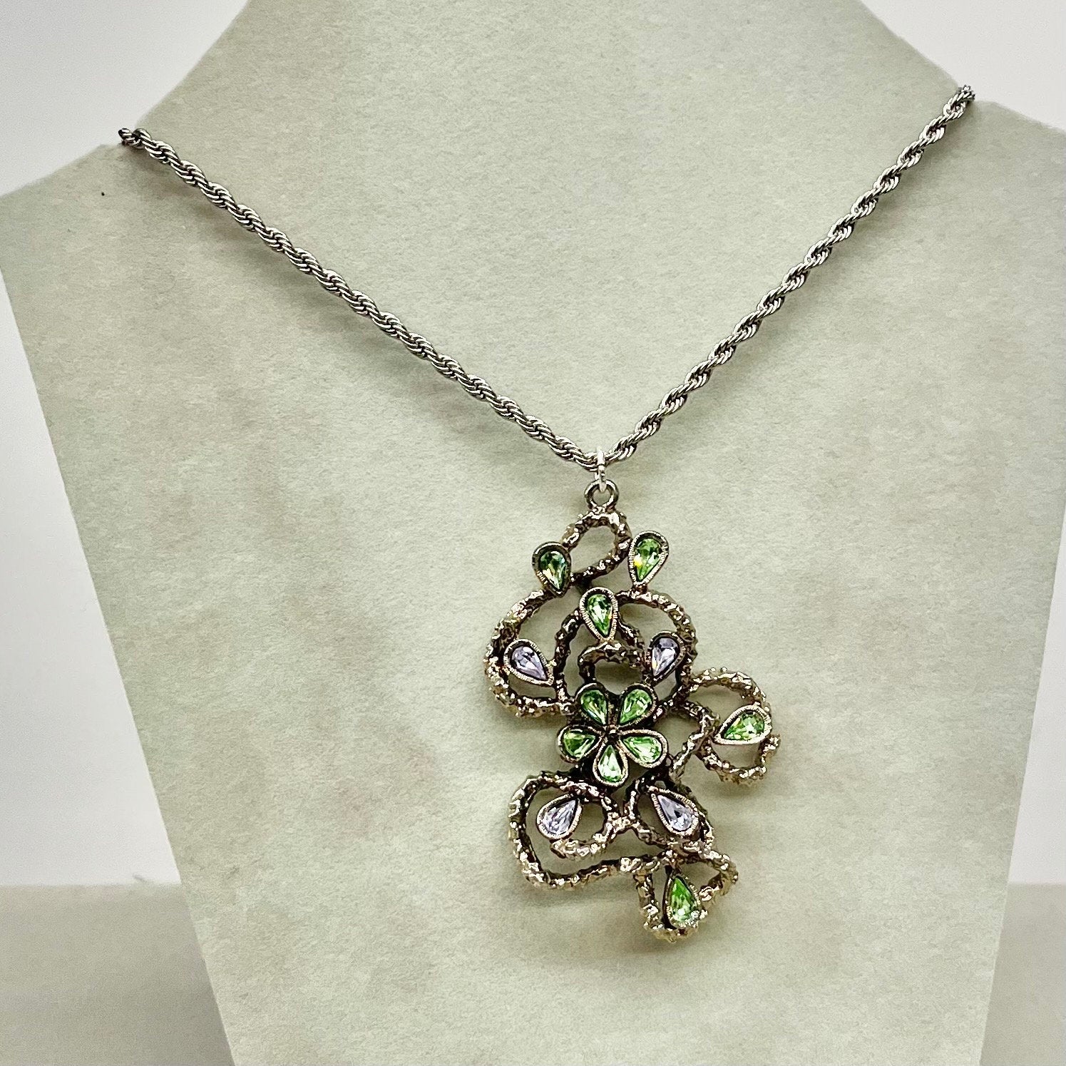 Large Green & Lilac Crystal Floral Vine Pendant on 18” Chain with Vintage Uranium Swarovski Crystal Elements UV Reactive Glow TheGreenGlassGemShop