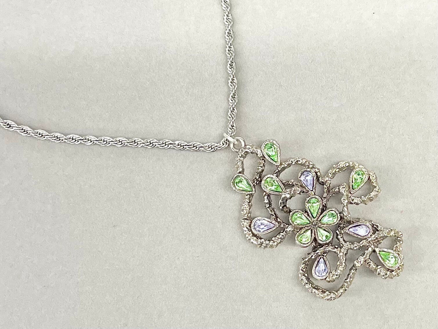 Large Green & Lilac Crystal Floral Vine Pendant on 18” Chain with Vintage Uranium Swarovski Crystal Elements UV Reactive Glow TheGreenGlassGemShop