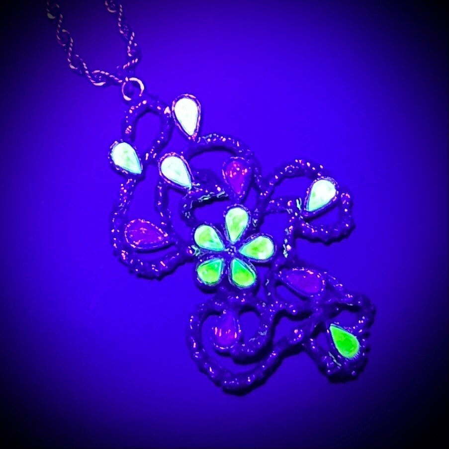 Large Green & Lilac Crystal Floral Vine Pendant on 18” Chain with Vintage Uranium Swarovski Crystal Elements UV Reactive Glow TheGreenGlassGemShop