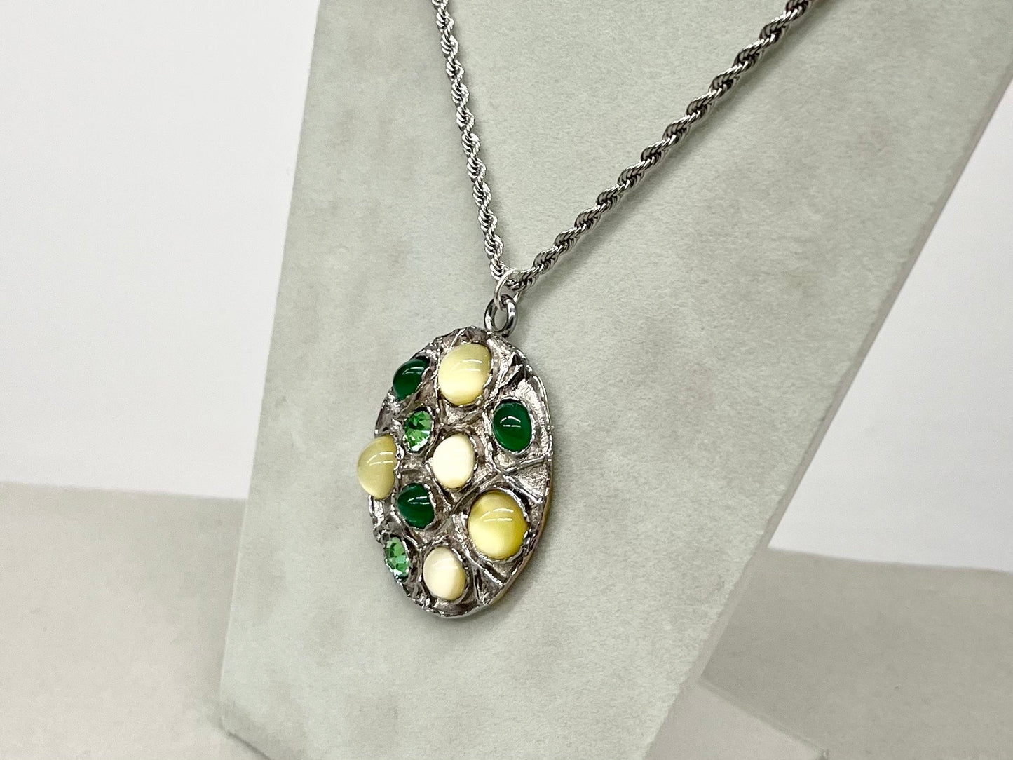 Large Round Green Yellow Multi Stone Pendant on an 18” Chain with Vintage Uranium Swarovski Crystal Elements and Cabochons UV Reactive Glow TheGreenGlassGemShop