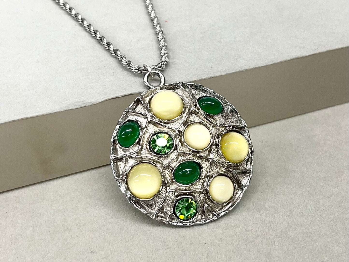 Large Round Green Yellow Multi Stone Pendant on an 18” Chain with Vintage Uranium Swarovski Crystal Elements and Cabochons UV Reactive Glow TheGreenGlassGemShop