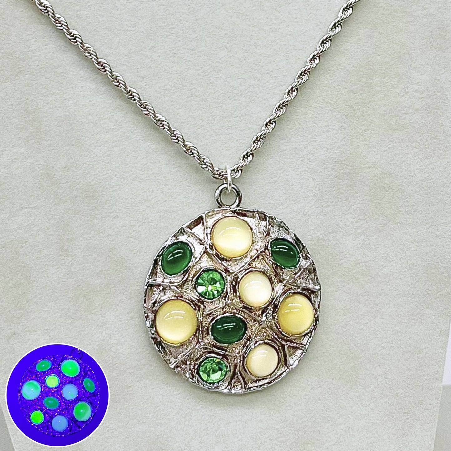 Large Round Green Yellow Multi Stone Pendant on an 18” Chain with Vintage Uranium Swarovski Crystal Elements and Cabochons UV Reactive Glow TheGreenGlassGemShop