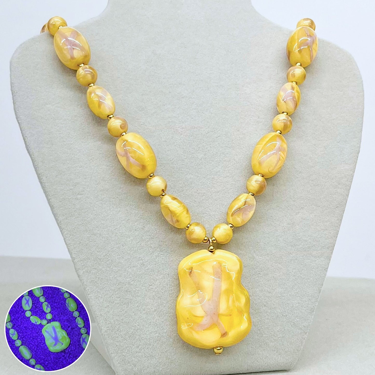 Stunning Yellow Glass Bead Uranium Glass Necklace Green UV Reactive Glow Jewellery Unusual Cross Bead Design Possibly Louis Rousselet TheGreenGlassGemShop