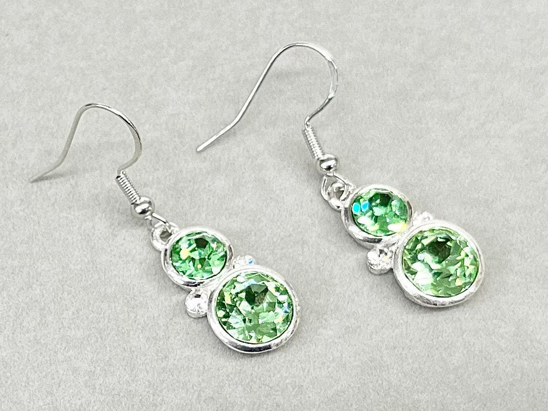 Vintage Green Uranium Glass Crystal Drop Swarovski Crystal Elements Earrings with UV Reactive Glow & Tiny Clear Crystal Accents TheGreenGlassGemShop