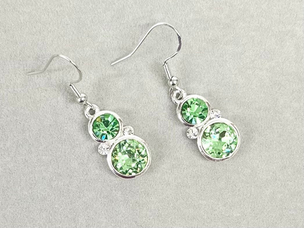 Vintage Green Uranium Glass Crystal Drop Swarovski Crystal Elements Earrings with UV Reactive Glow & Tiny Clear Crystal Accents TheGreenGlassGemShop